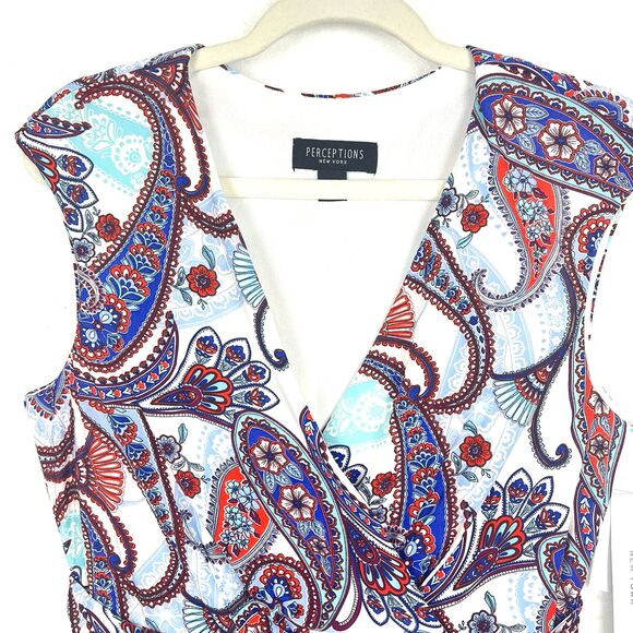 Perceptions Blue Red Paisley Dress Womens SZ LG Fit & Flare V Neck Sleeveless - Picture 5 of 10